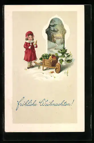 AK Kleines Mädchen im roten Mantel mit Kleeblättern im Schnee, Fröhliche Weihnachten