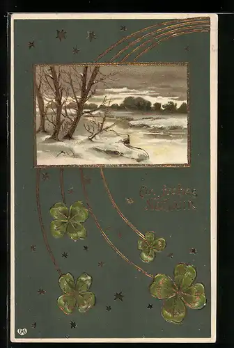 AK Verschneite Winterlandschaft mit Kleeblättern, Frohes Neujahr