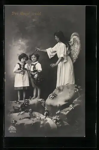 AK Schutzengel bewacht zwei Kinder mit einem Korb und Blumen