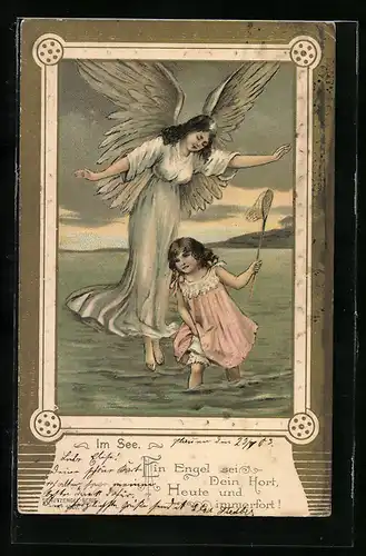 Lithographie Im See, Ein Engel sei Dein Hort..., Schutzengel