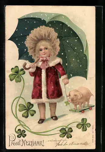 AK Mädchen mit Schirm, Schwein und Kleeblättern, Prosit Neujahr