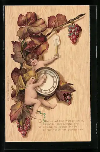 AK Engel mit Uhr sitzen auf Weinrebe