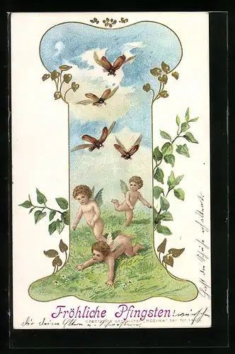 Passepartout-AK Drei Engel und fliegende Maikäfer, Pfingstgruss