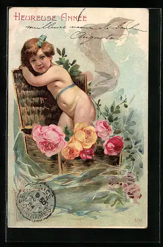 AK Nacktes Mädchen in einer Blumenkiste, Neujahrsgrüsse