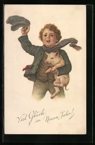 AK Kleiner Junge mit Schweinchen im Arm, Viel Glück im neuen Jahre