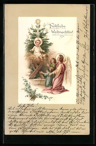AK Weihnachtsengel kniet vor der Krippe des Christkindes