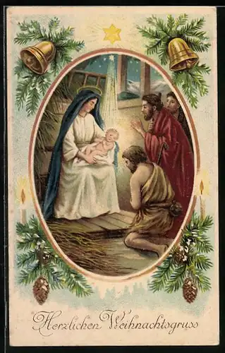 AK Maria mit dem Christkind, Glocken und Tannenzweige, Herzlichen Weihnachtsgruss