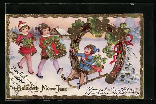 AK Hufeisen mit Kleeblättern, Mädchen auf Schlitten, Neujahrsgrüsse