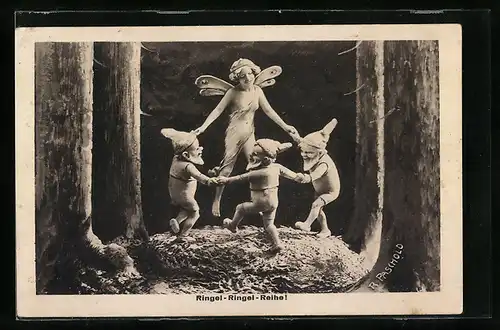 AK Drei Zwerge spielen Ringel-Ringel-Reihe mit Elfe