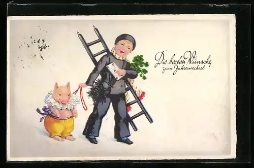 AK Schornsteinfegerin mit Leiter und Glücksschwein, Kleeblätter, Neujahrsgrüsse
