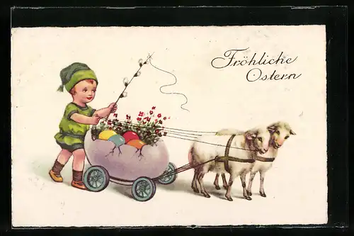 AK Fröhliche Ostern, Lämmchen ziehen ein Osterei mit bunten Eiern darin