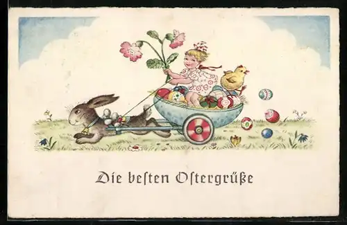 AK Osterhase zieht einen Eierwagen mit bunten Eiern und Küken