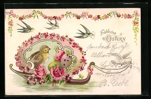AK Boot mit Ostereiern und Küken, Fröhliche Ostern