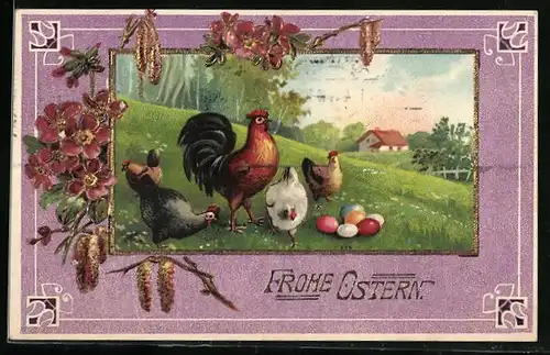 AK Hahn und Hennen im Gras mit bunten Eiern, Frohe Ostern