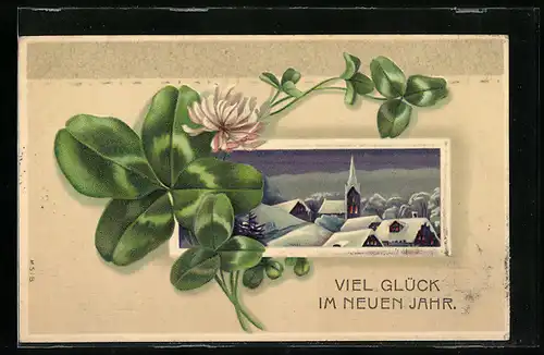 AK Vierblättriges Kleeblatt vor verschneiter Ortschaft, Neujahrsgruss