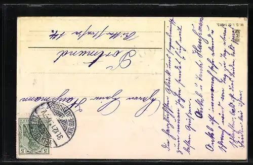 AK Vierblättriges Kleeblatt vor verschneiter Ortschaft, Neujahrsgruss