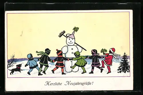 AK Kleine Kinder tanzen um einen Schneemann, Herzliche Neujahrsgrüsse
