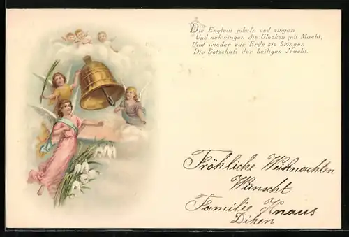AK Weihnachtsengel läuten die Glocke, Die Englein jubeln und singen...