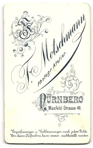 Fotografie F. Motschmann, Nürnberg, Maxfeld-Strasse 48, Mann mit Schnurrbart und Anzug