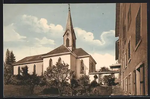 AK Heiligkreuz, Institut Heiligkreuz, Kirche mit Eingang zum Institut