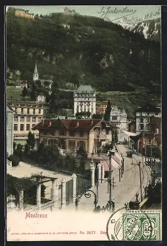 AK Montreux, Strassenpartie mit Passanten