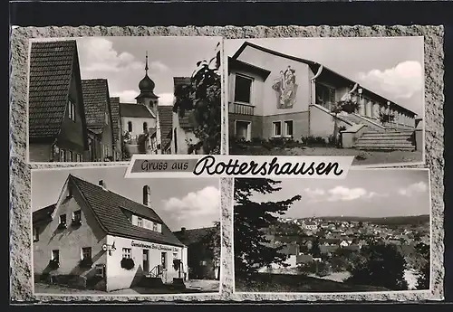 AK Rottershausen, Schule, Kirche und Gemischtwarenhandel Stahl