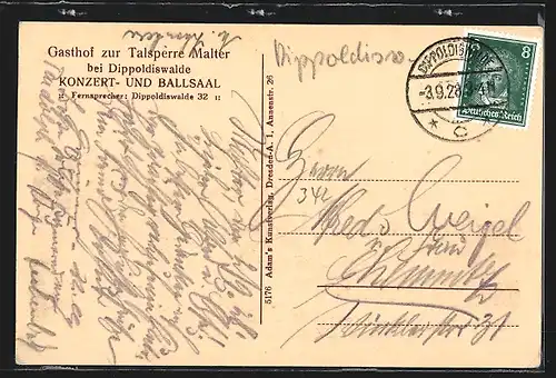 AK Malter b. Dippoldiswalde, Gasthof zur Talsperre