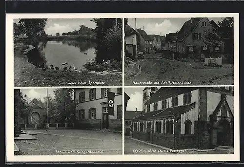 AK Forchheim /Kr. Freiburg, Schule mit  und Kriegerdenkmal, Hauptstrasse mit Linde