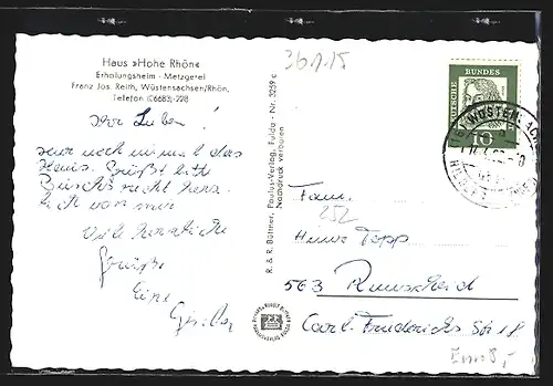 AK Wüstensachsen, Haus Hohe Röhn, Bes. Franz Jos. Reith, Erholungsheim und Metzgerei