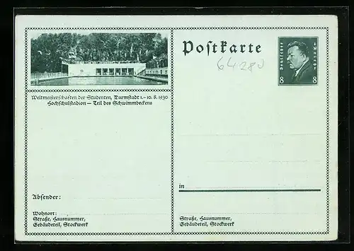 AK Darmstadt, 1930, Weltmeisterschaften der Studenten, Hochschulstadion, Teil des Schwimmbeckens, Ganzsache