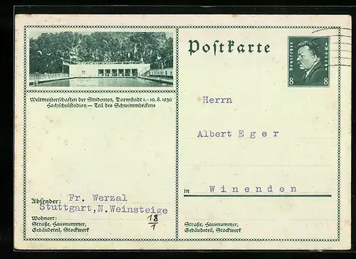 AK Darmstadt, Weltmeisterschaften der Studenten 1930, Hochschulstadion, Teil des Schwimmbeckens, Ganzsache