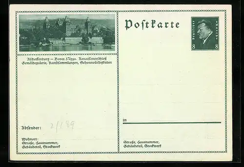 AK Aschaffenburg, Blick auf das Renaissanceschloss, Ganzsache