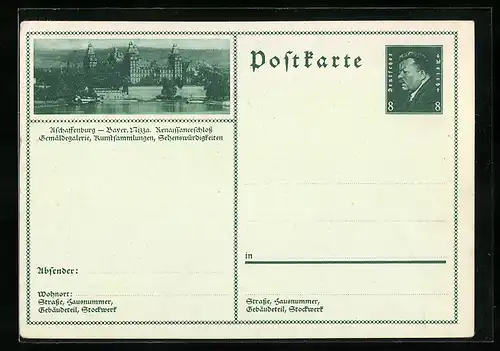 AK Aschaffenburg, Blick auf das Renaissanceschloss, Ganzsache