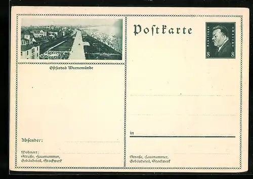 AK Warnemünde, Blick von oben auf das Ostseebad, Ganzsache