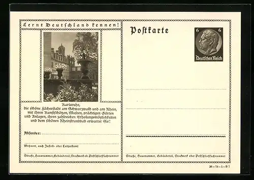 AK Karlsruhe, Garten mit grossem Gebäude, Ganzsache Lernt Deutschland kennen