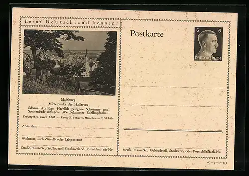 AK Mainburg, Ortsansicht mit Kirche, Ganzsache Lernt Deutschland kennen