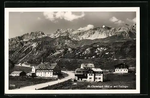 AK St. Christoph, Ortsansicht mit Gasthof Arlberghöhe gegen Valluga