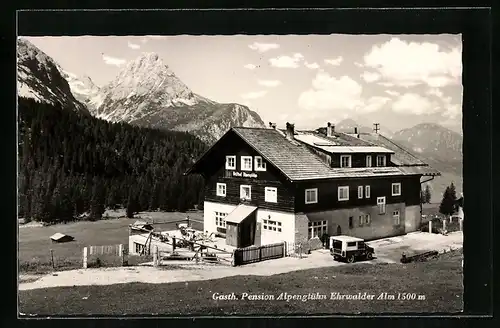 AK Ehrwald, Ehrwalder Alm, Gasthaus Pension Alpenglühn mit Terrasse