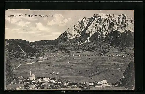 AK Lermos, Ortsansicht aus der Vogelschau vor Zugspitzmassiv