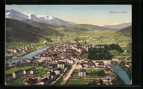 AK Bruck a. d. Mur, Generalansicht im Tal, Blick auf das Gebirge