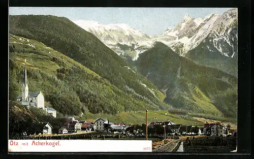 AK Ötz, Partie an den Wohnhäusern, Blick zur Kirche unter dem Acherkogel