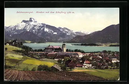 AK Mondsee, Panorama mit dem Schafberg