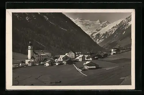 AK Neustift /Stubai, Blick gegen die Gletscher mit Kirche