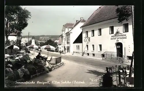 AK Wenigzell, Strassenpartie mit Gasthof zur Taverne und Denkmal