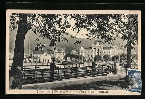 AK Bregenz /Bodensee, Hafenpartie mit Postgebäude