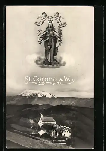 AK St. Corona a. W., Ortsansicht aus der Vogelschau mit Hl. Jungfrau