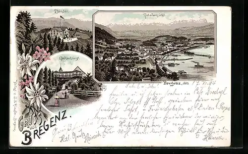 Vorläufer-Lithographie Bregenz, 1894, Pfänder, Gebhardsberg, Totalansicht aus der Vogelschau