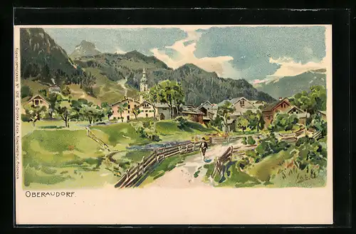 Lithographie Oberaudorf, Am Wegesrand mit Blick zum Orte