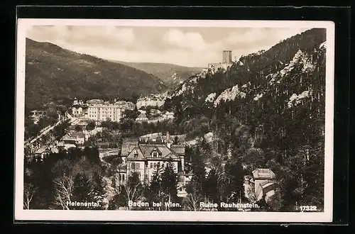 AK Baden bei Wien, Helenental, Blick auf die Stadt mit Ruine Rauhenstein