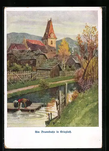 Künstler-AK A. Reckziegel: Krieglach, Am Brunnbache